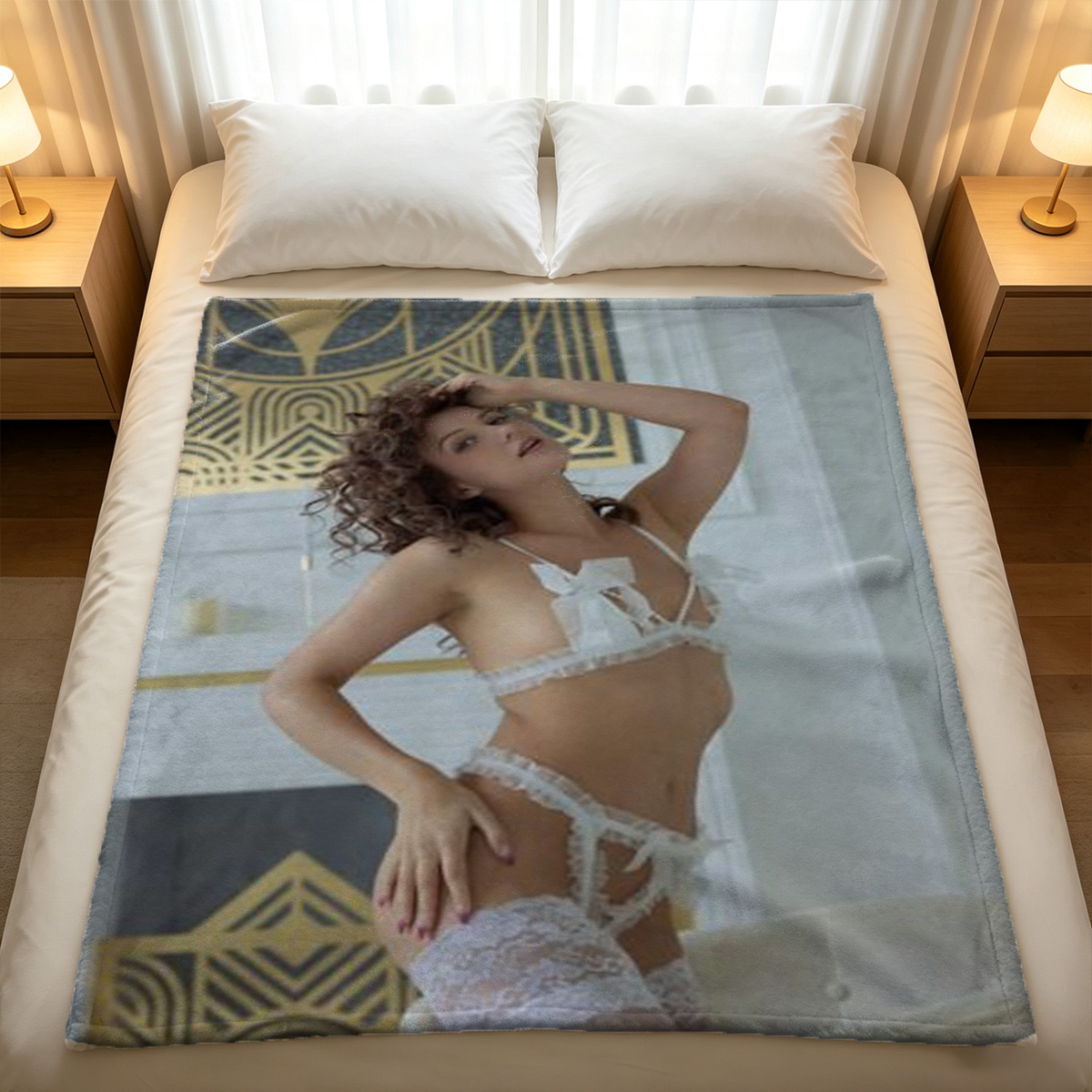 Makima in black harness lingerie and stockings, posing seductively in a modern room. - Blanket