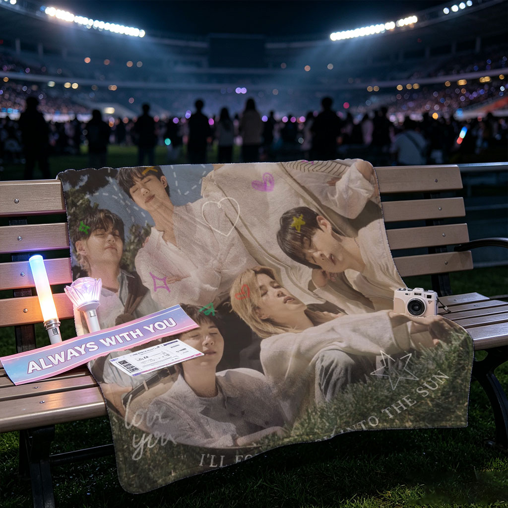 BTS Group Photo on Grass with Dreamy Sky Background and Inspirational Quotes - Blankets