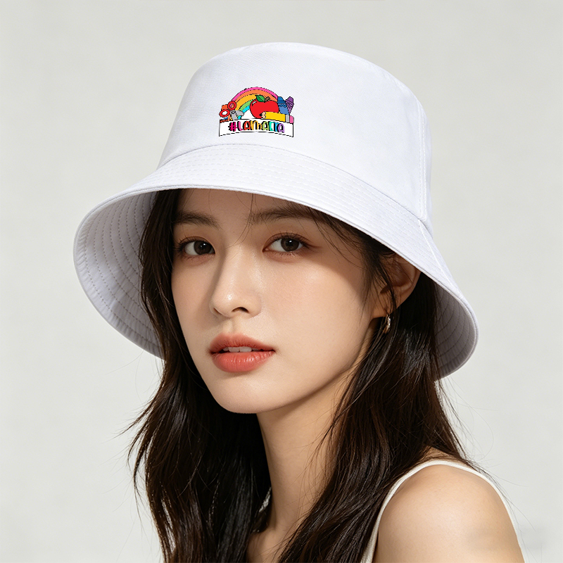 Unisex Bucket Hat with Rainbow Apple and School Supplies Print, #LAMMAETA Design, Classic Cotton Sun Hat for Outdoor Activities, Perfect for Students and Teachers