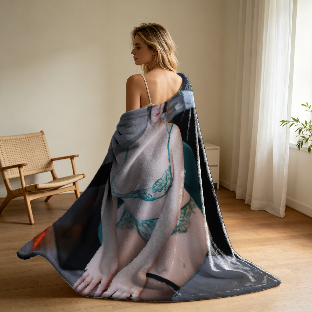 Nude Brunette Crouching on Bed with Long Flowing Hair - Blanket