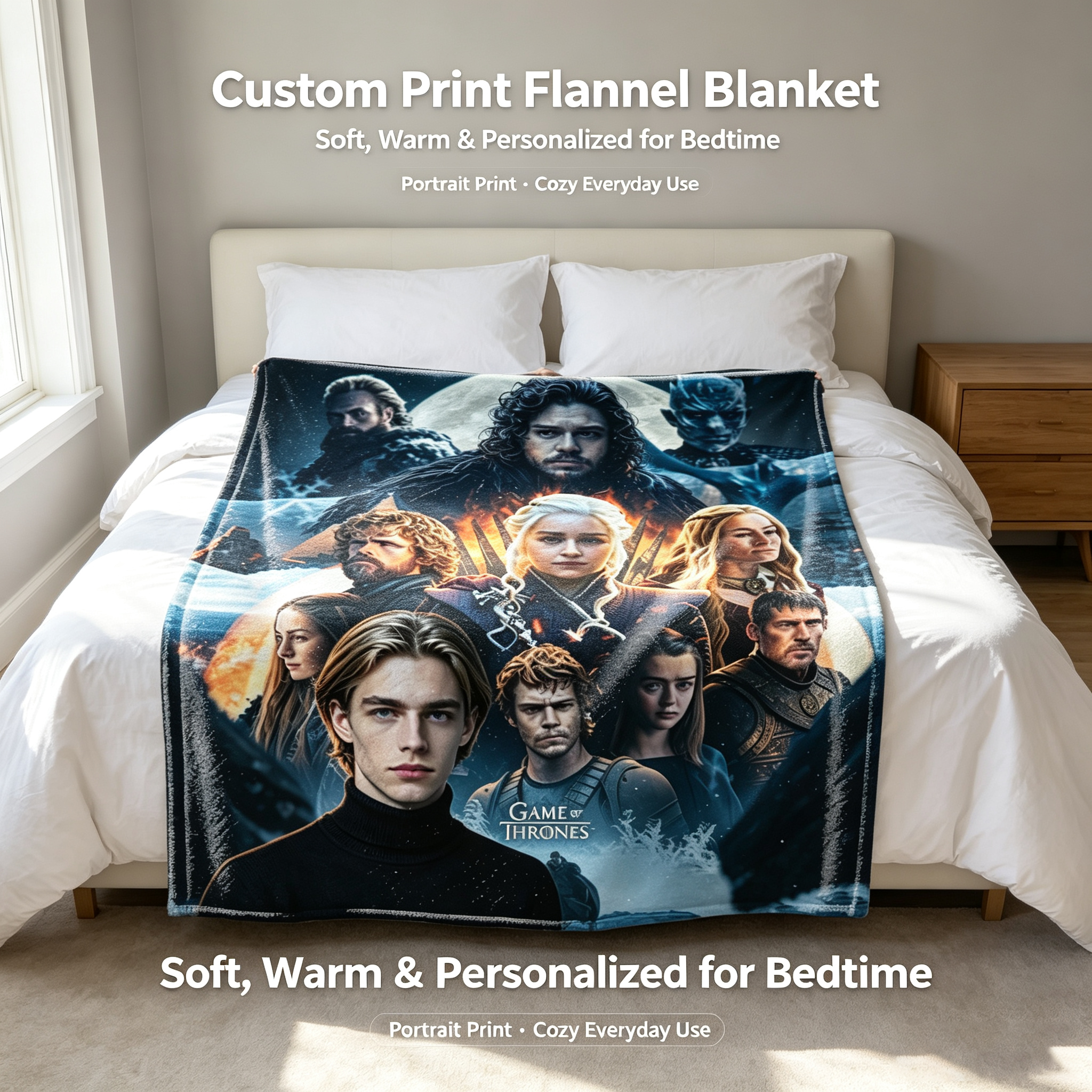 Custom Face Blanket Game of Thrones Characters Flannel Blanket Cozy Bedding Gift for Fans and Collectors
