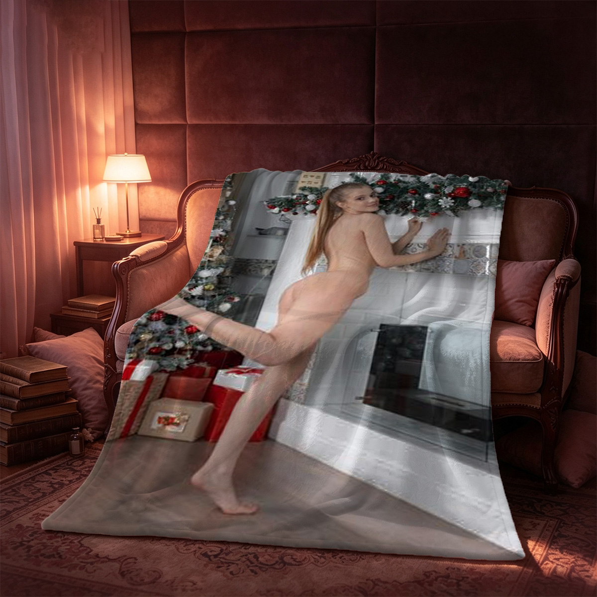 Nude Brunette Posing on Rug with Red Motorcycles - Blanket