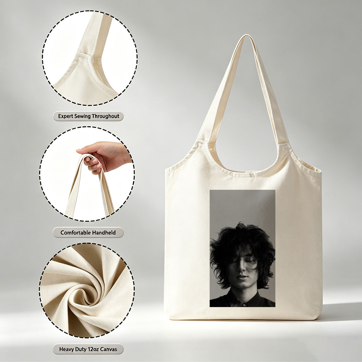 Timothée Chalamet Close-Up Black and White Portrait with Messy Hair and Closed Eyes - Canvas shoulder bags/