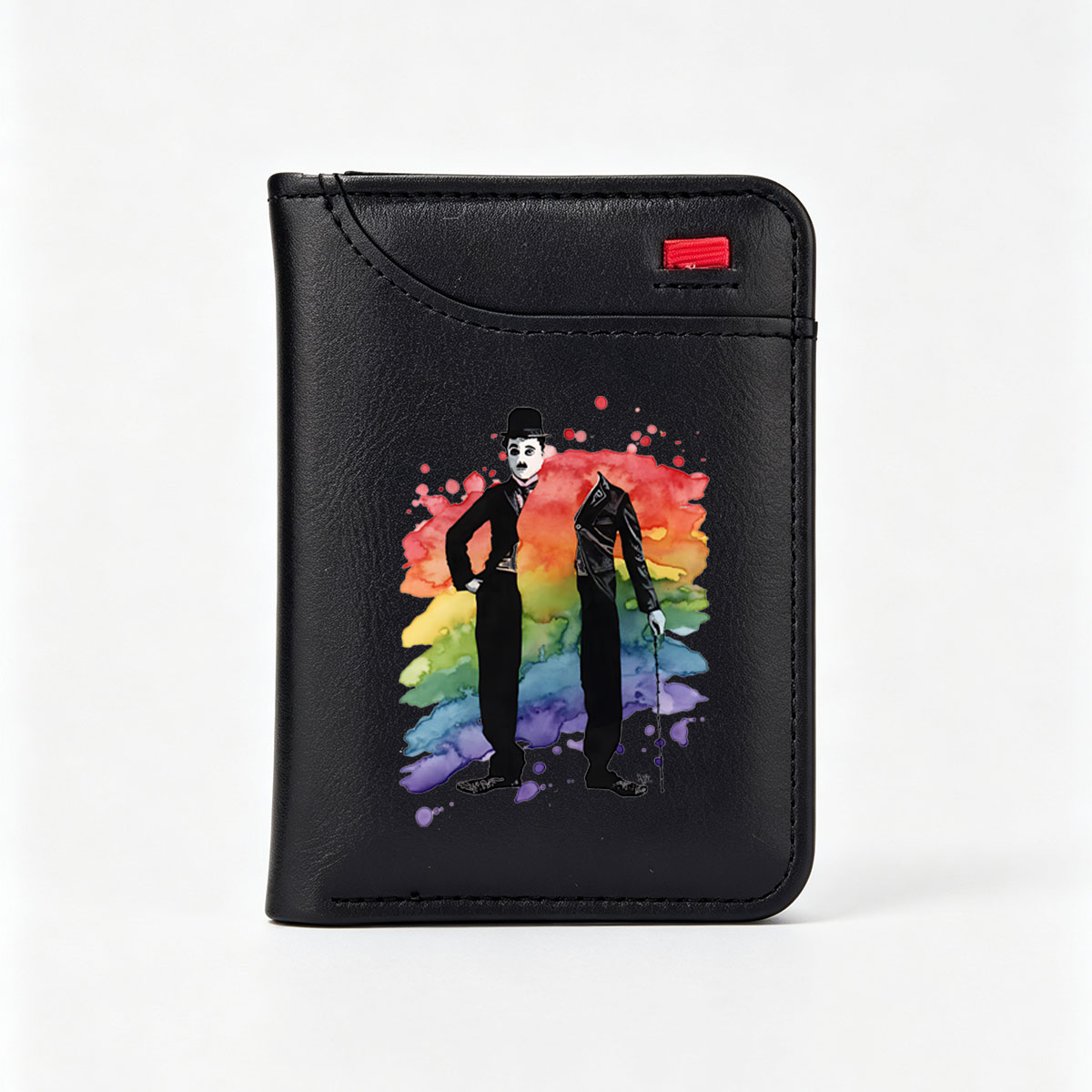 Buster Keaton and a Dapper Gentleman in a Rainbow Watercolor Background - Vertical Style Wallet