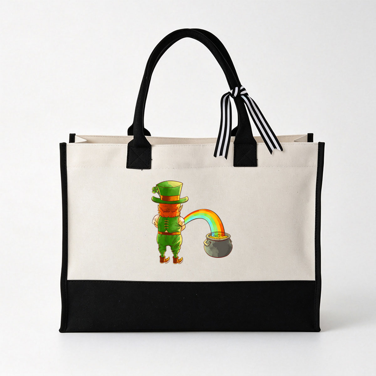 Leprechaun with Rainbow and Pot of Gold - Canvas patchwork gift tote bag