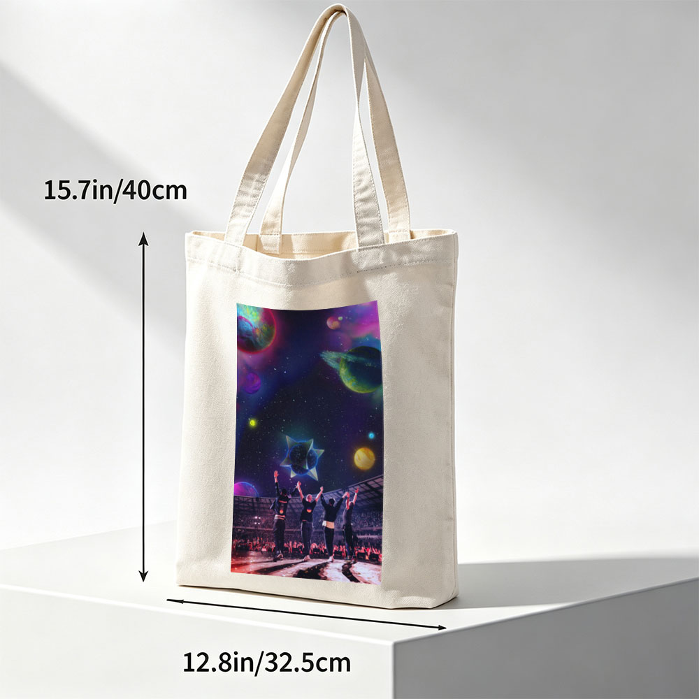 Coldplay Live Performance in a Cosmic Stadium with Vibrant Planets and Starry Sky Background - Canvas tote bags
