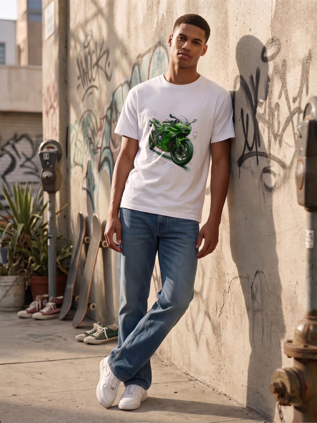 Men's Graphic T-Shirt Green Motorcycle Design Sketch Style Casual Round Neck Summer Lightweight Breathable Short Sleeve T-Shirt for Bikers and Motorbike Enthusiasts Adult Male Riders