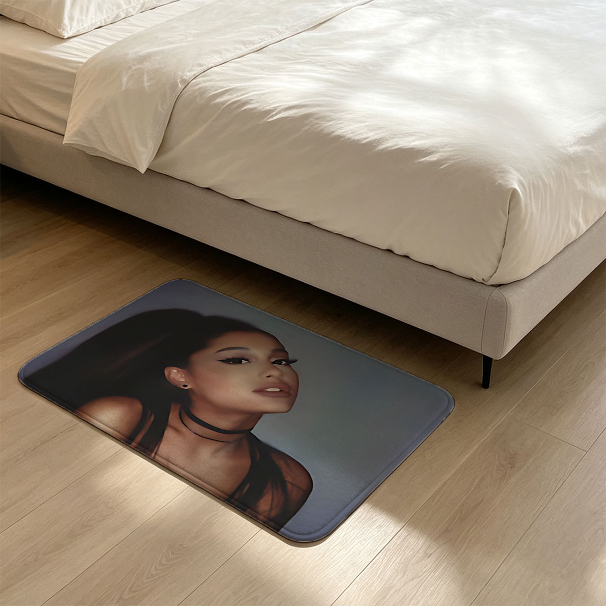 Ariana Grande in a dramatic pose with bold makeup and a black choker, set against a soft gradient background. - Flannel floor mat