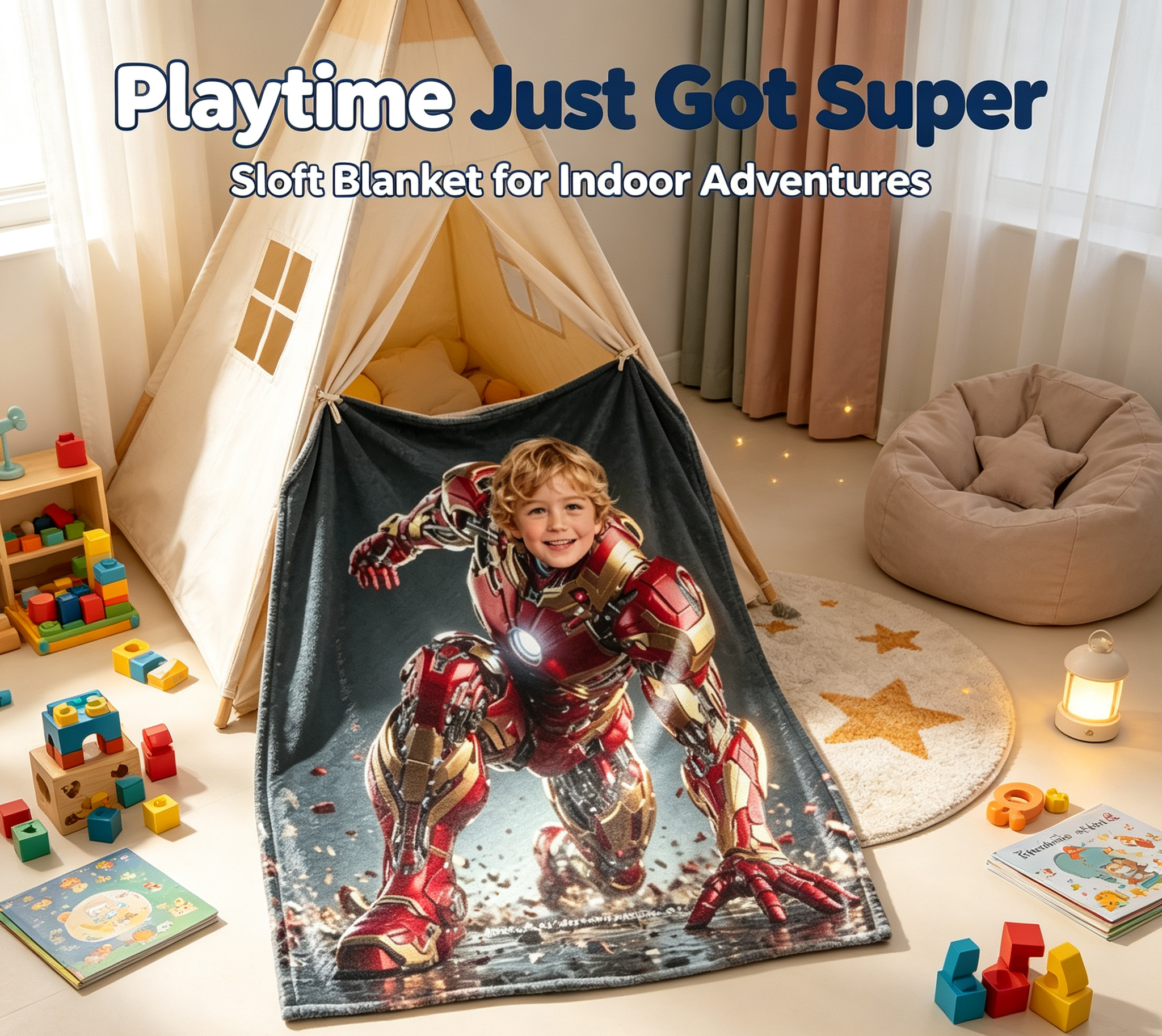 Personalized Iron Man Crouch Pose Custom Photo Blanket, Superhero Throw Blanket, Unique Birthday Gift for Little Boy