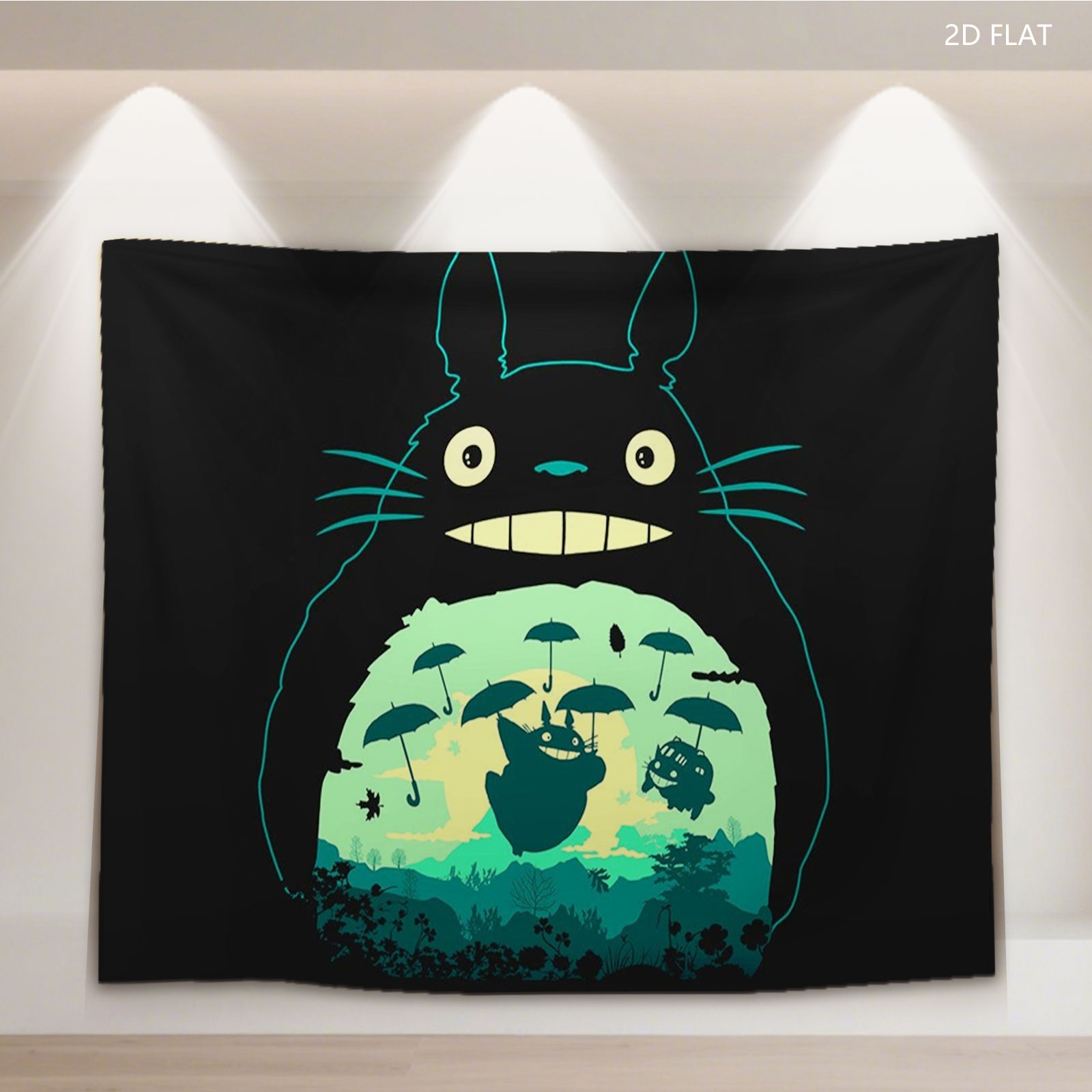 Totoro and Friends Under Umbrellas in a Magical Forest Scene - Tapestry