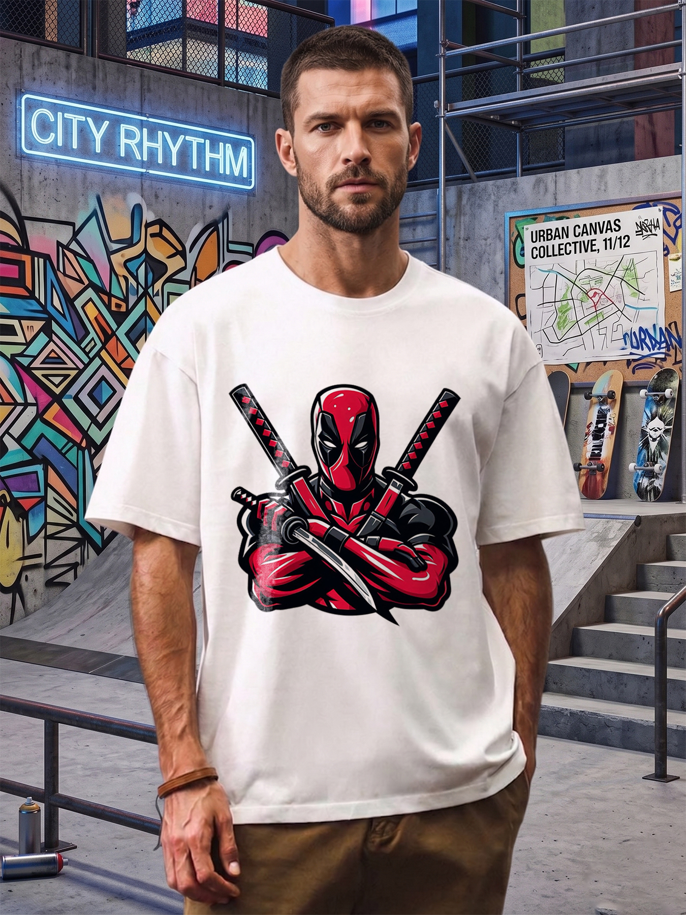 Men's Printed T-Shirt Deadpool Ninja Warrior Design Red Black Graphic Casual Round Neck Summer Lightweight Breathable Short Sleeve Tee for Fans and Comic Lovers