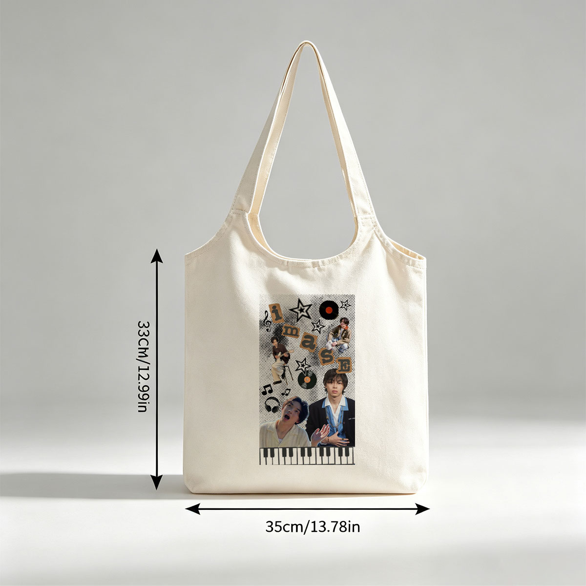 Imase Band Members in Music-Themed Collage with Guitar, Piano Keys, and Vinyl Records - Canvas shoulder bags/