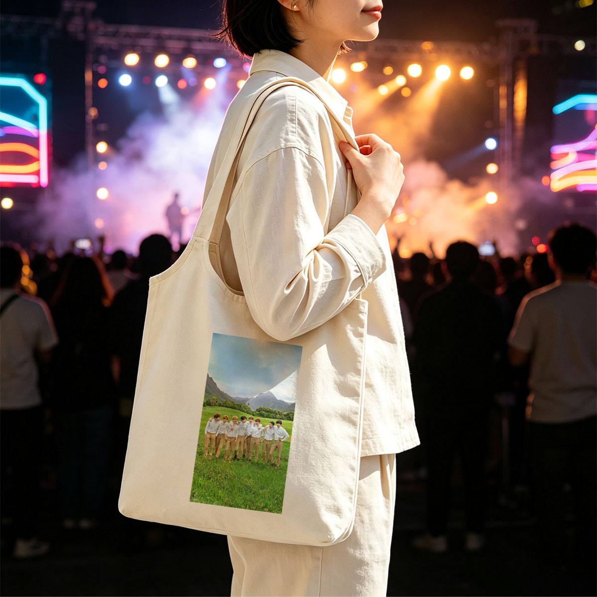 BTS in a Serene Mountain Field Wearing Matching White Shirts and Beige Pants - Canvas shoulder bags/