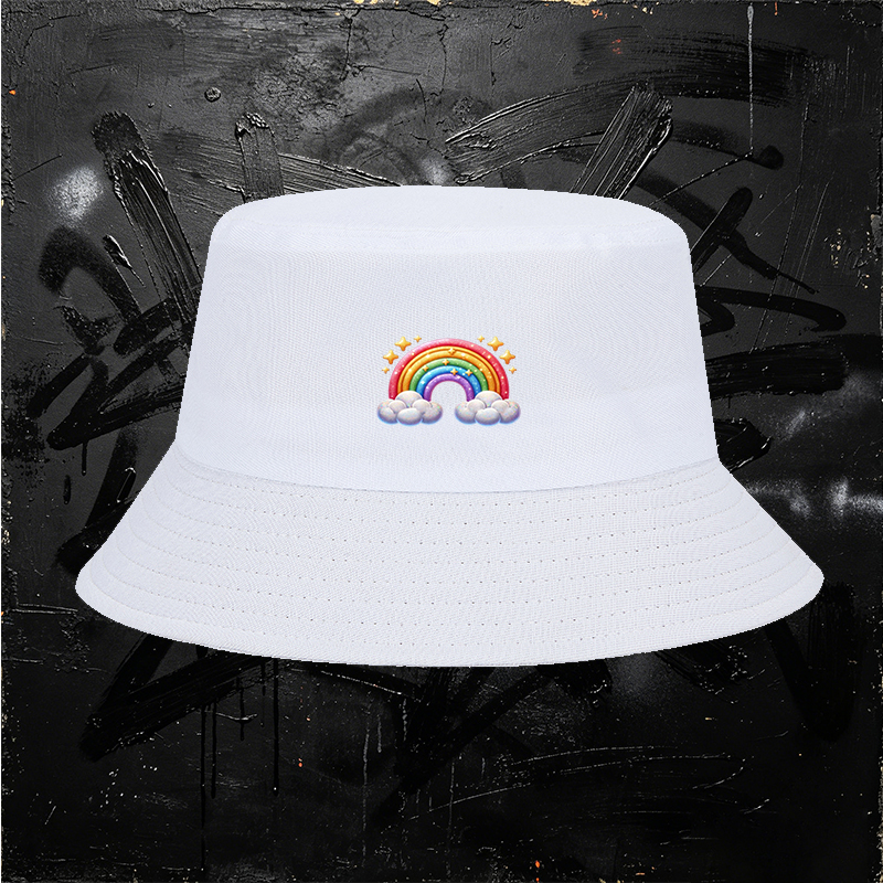 Unisex Rainbow Print Bucket Hat with Sparkling Stars and Clouds Design, Classic Cotton Fisherman Hat for Outdoor Activities, Beach, Travel, and Casual Wear, Perfect for Adults and Teens Seeking Fun and Colorful Fashion Accessory