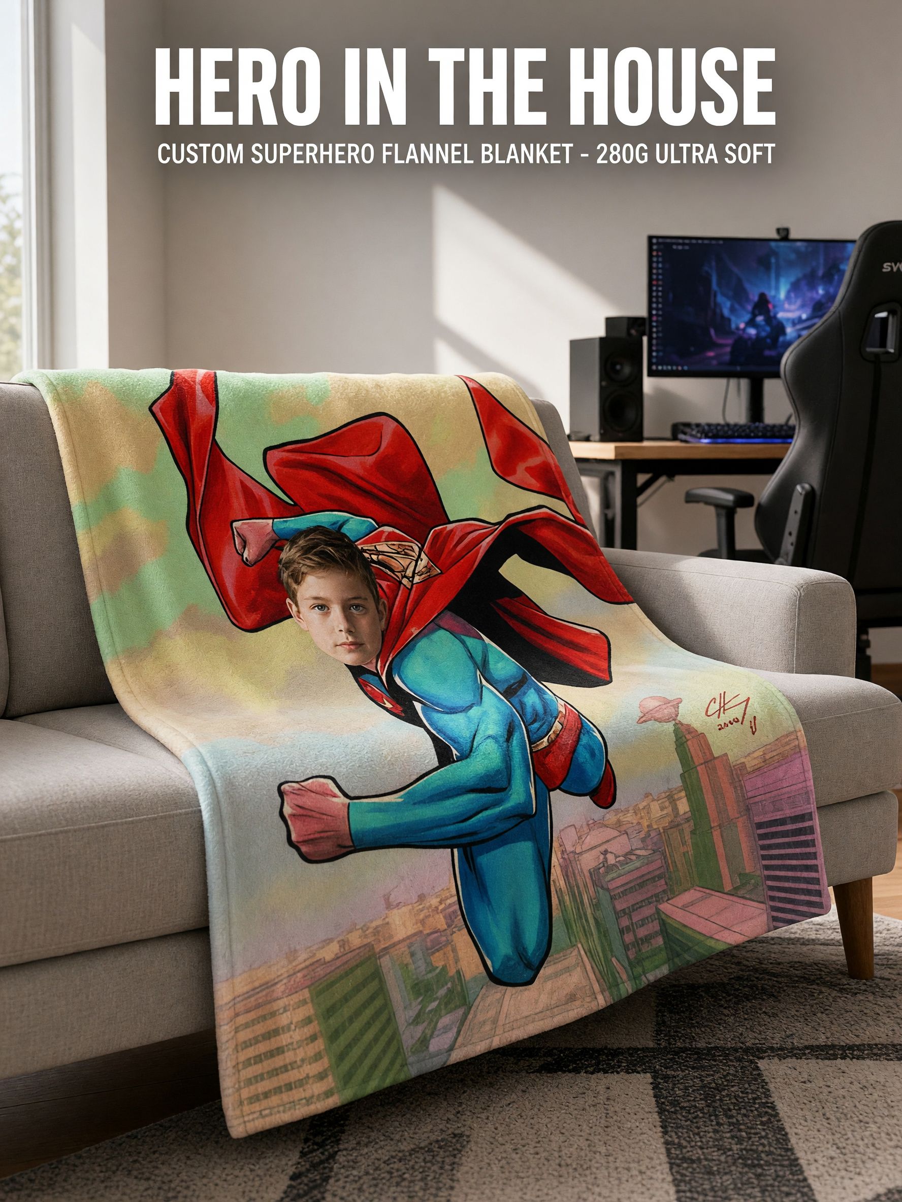Custom Superhero Photo Face Blanket, Soft Flannel Fleece Throw, Ideal Personalized Gift for Kids and Family