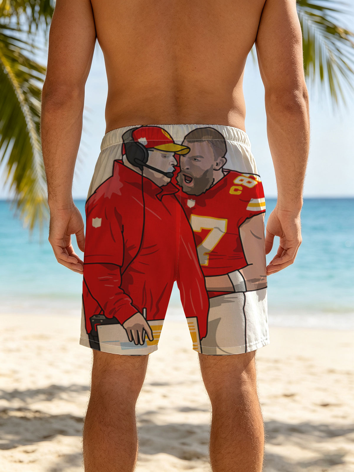 Andy Reid and Patrick Mahomes in Kansas City Chiefs Uniforms -  Beach shorts