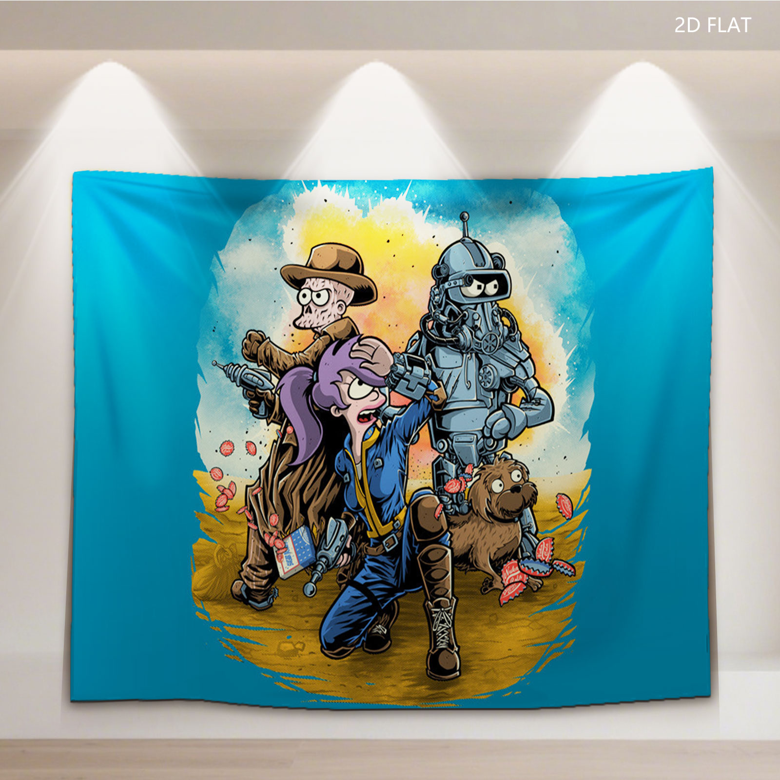 Futurama Characters: Fry, Leela, Bender, and Scruffy in a Dynamic Scene - Tapestry