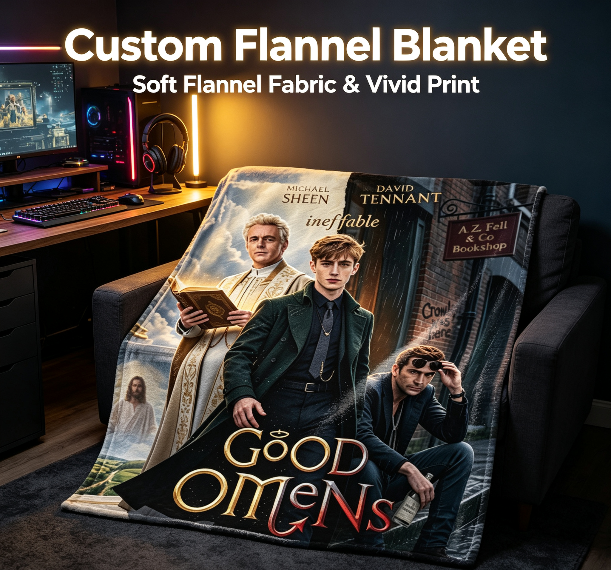 Custom Face Blanket Good Omens Michael Sheen David Tennant Flannel Blanket Fan Gift for TV Show Lovers Home Decor Present