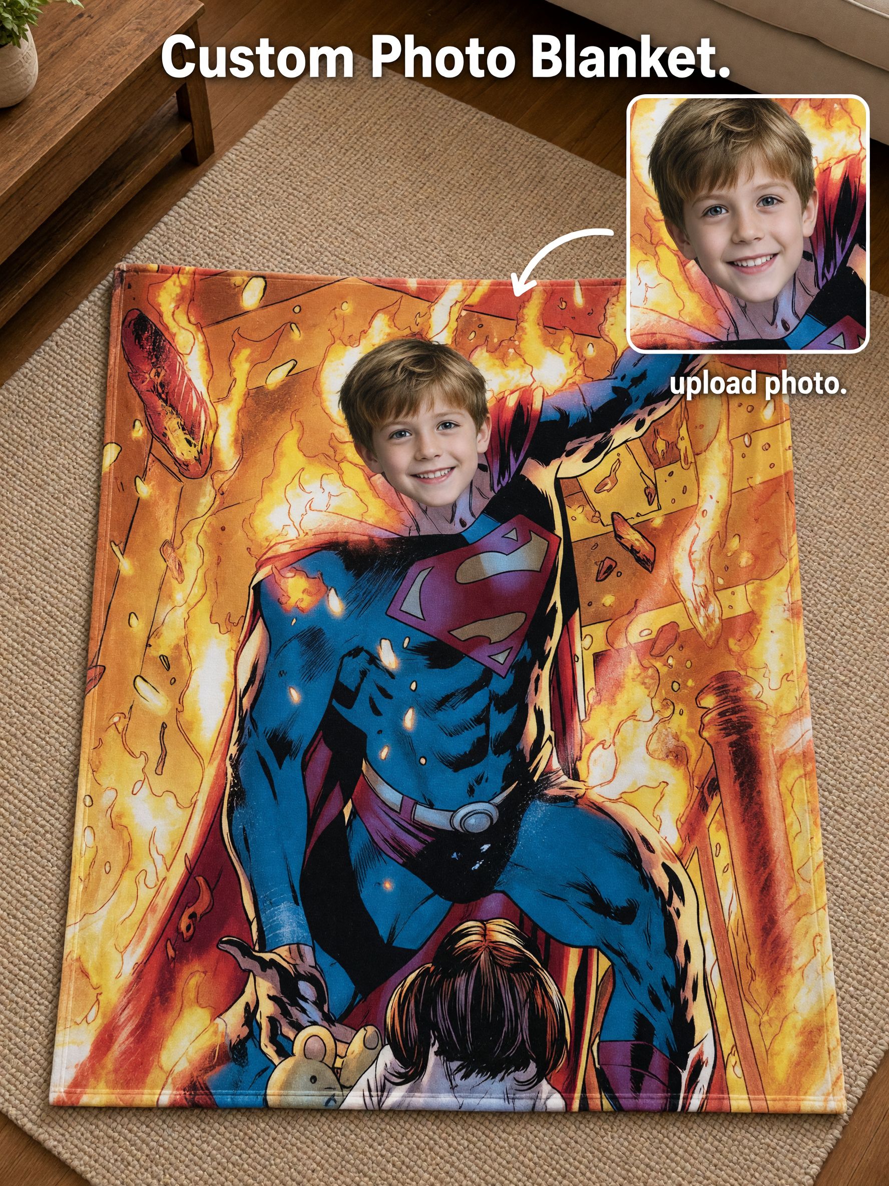 Custom Face Superhero Flannel Blanket, Personalized Photo Plush Throw for Kids, Cozy Superhero Comic Fan Gift