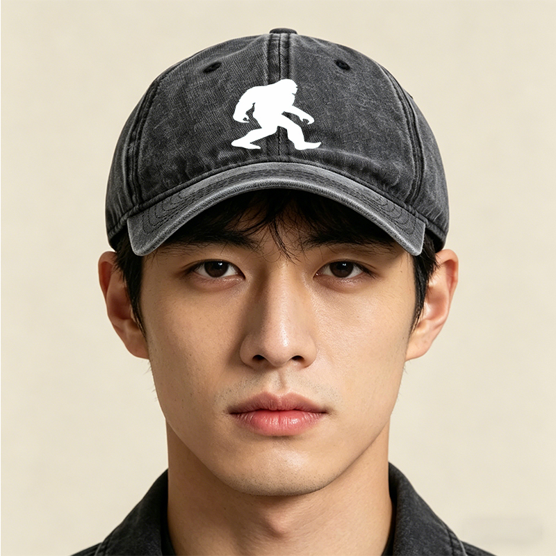 Unisex Classic Washed Cap with Bigfoot Silhouette Print + Outdoor Adventure Hat for Hiking Camping Nature Enthusiasts