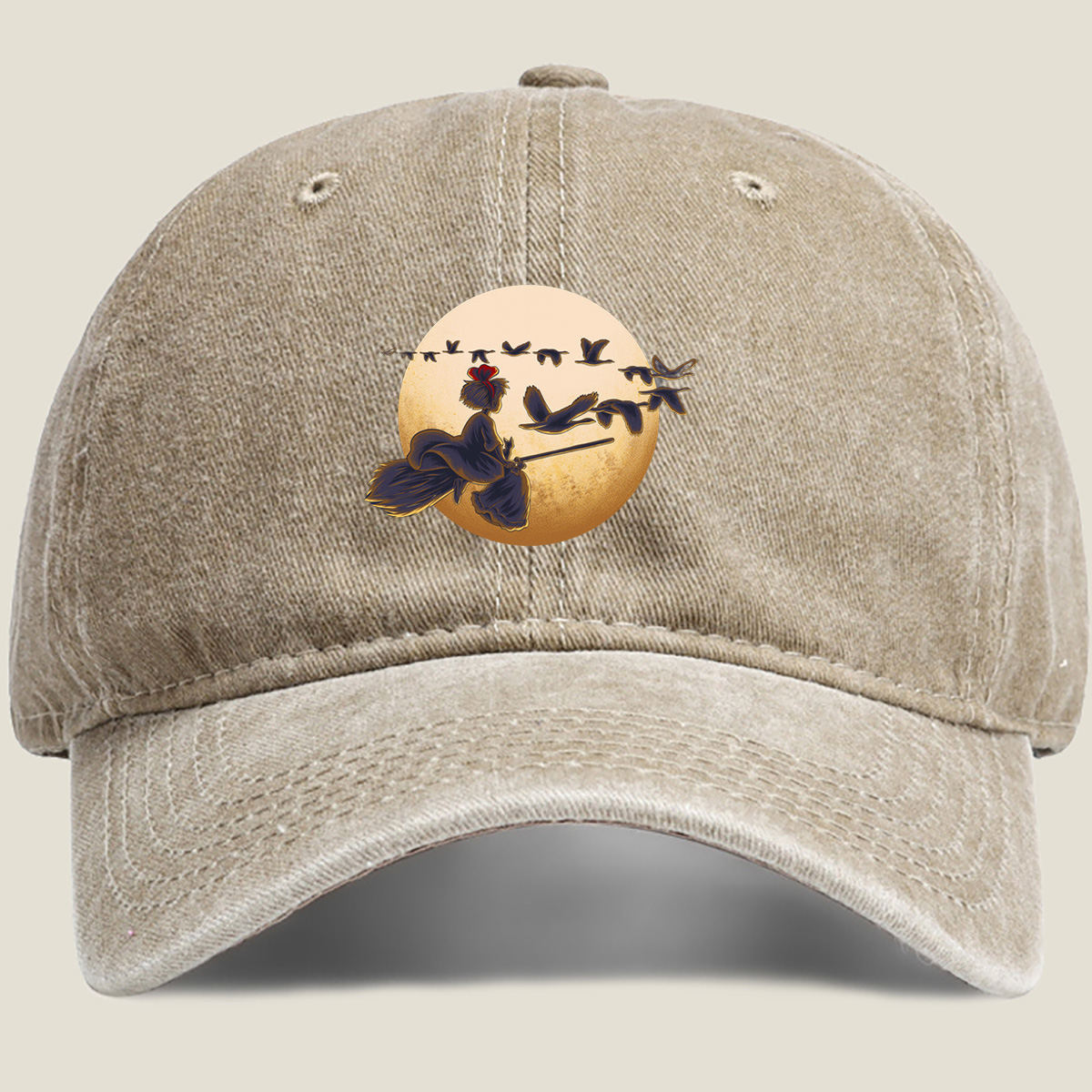 Mulan Flying on a Broomstick with Geese Against the Moon - Washed Denim - Baseball Cap