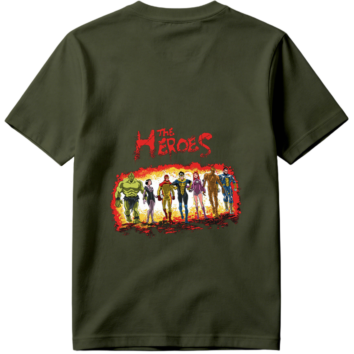 The Heroes: Green Hulk, Black Widow, Red Ranger, Blue Avenger, Pink Warrior, Golden Titan, and Blue Sentinel - Tee