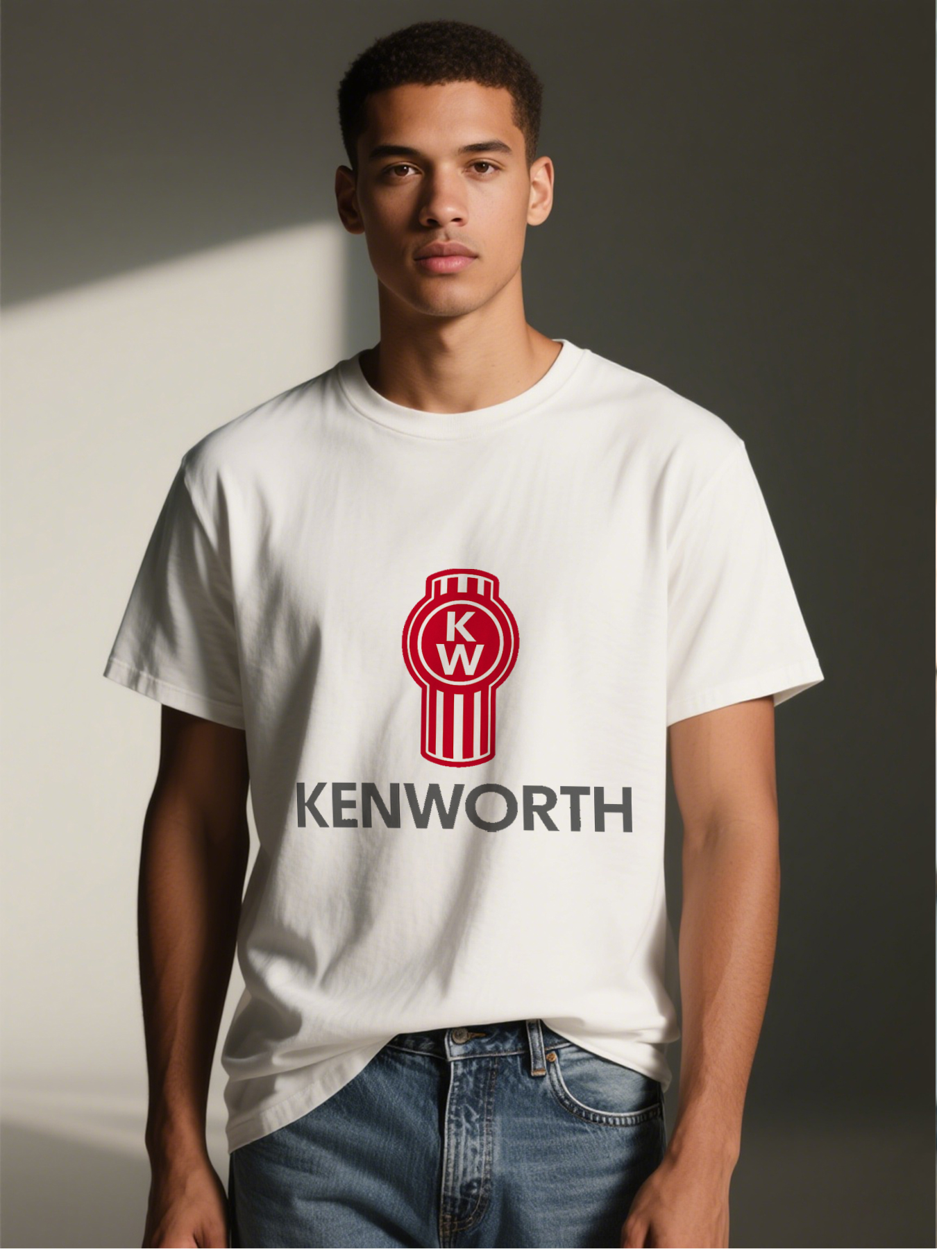 Men's Kenworth Logo Print T-Shirt Red White Graphic Design Casual Round Neck Lightweight Breathable Summer Short Sleeve Tee for Truck Drivers and Automotive Enthusiasts