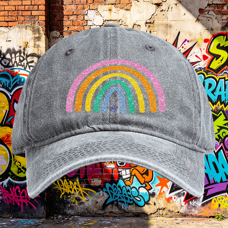 Unisex Classic Washed Cap with Glitter Rainbow Print and Heart Detail – Perfect for Casual Outings, Festivals, and Everyday Wear – Ideal for Youth and Adults Seeking Fun, Colorful Headwear