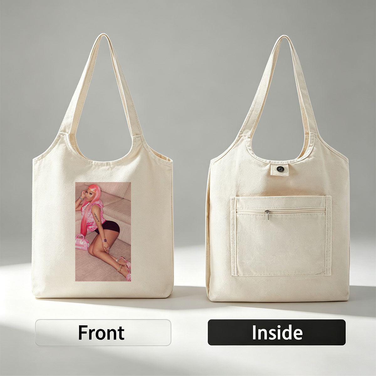 Nicki Minaj Sitting on Couch in Pink Outfit with Matching Accessories - Canvas shoulder bags/