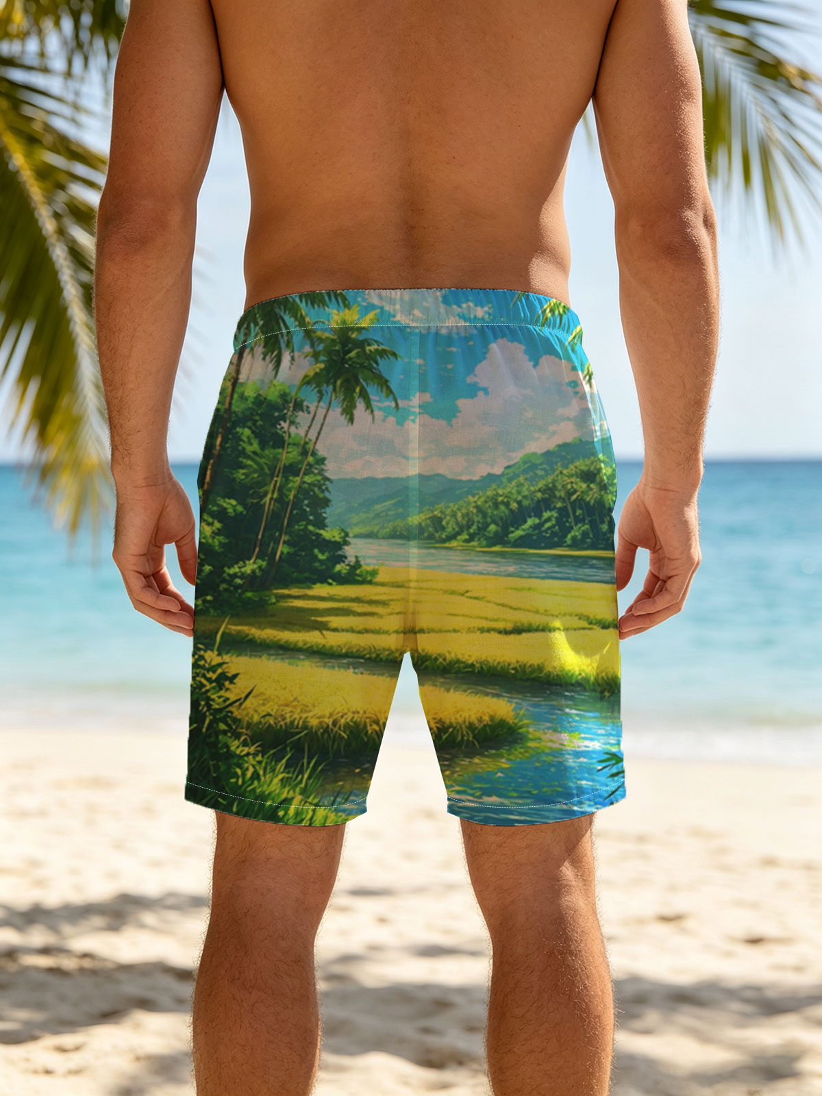 Tropical River Landscape with Lush Greenery and Palm Trees -  Beach shorts
