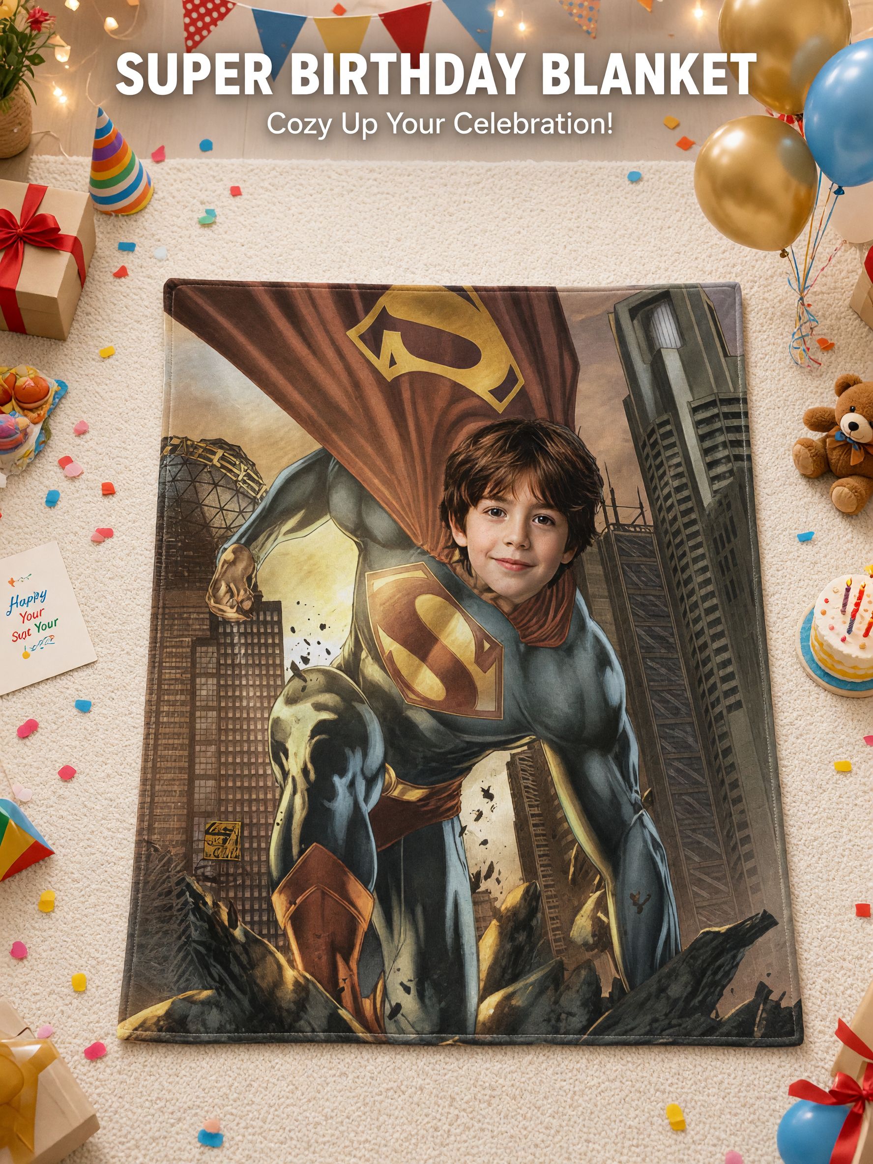 Custom Face Superhero Flannel Blanket, Personalized Photo Throw for Kids and Comic Fans, Cozy Keepsake Gift