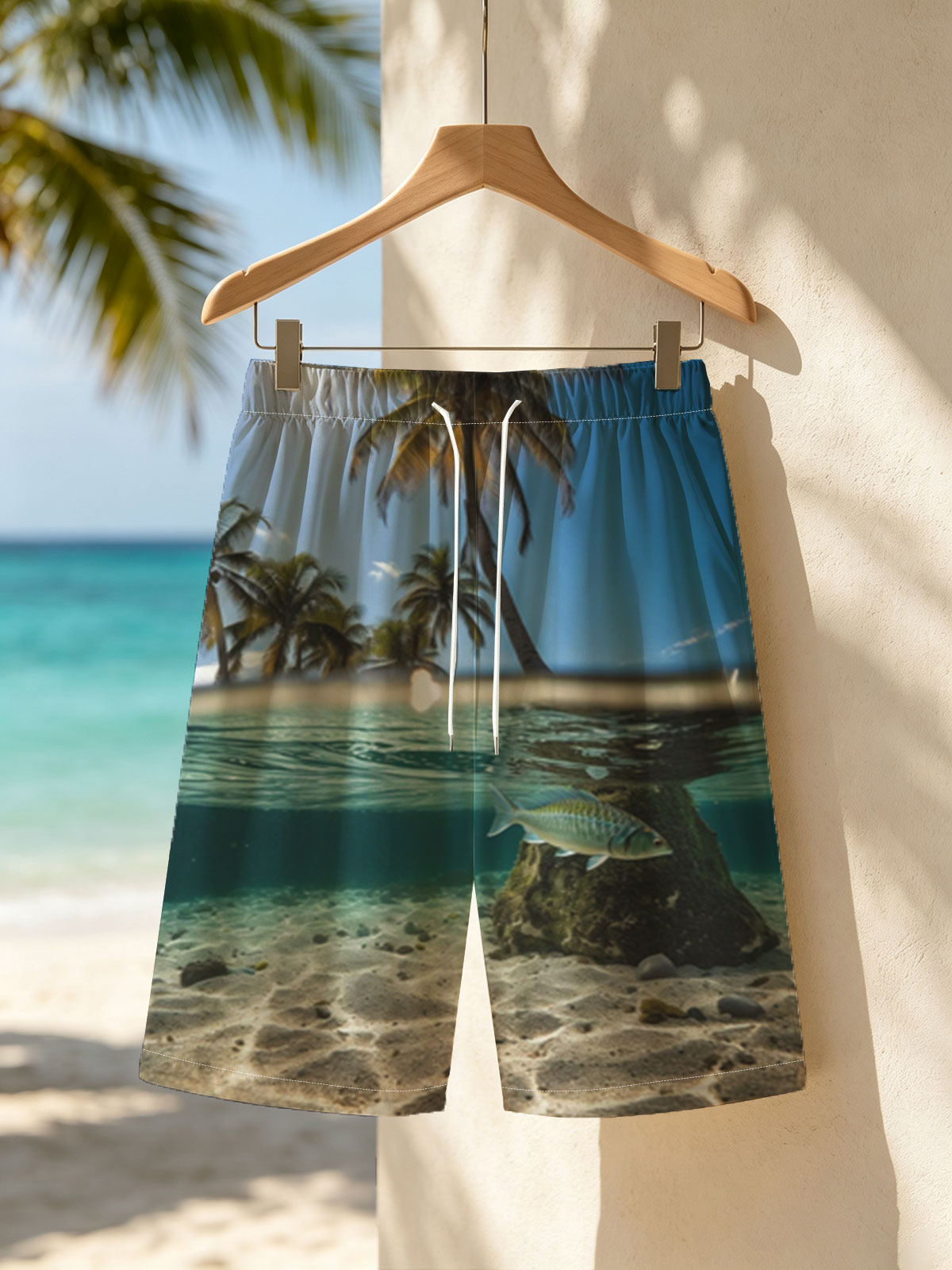 Tropical paradise with palm trees and a fish swimming underwater -  Beach shorts