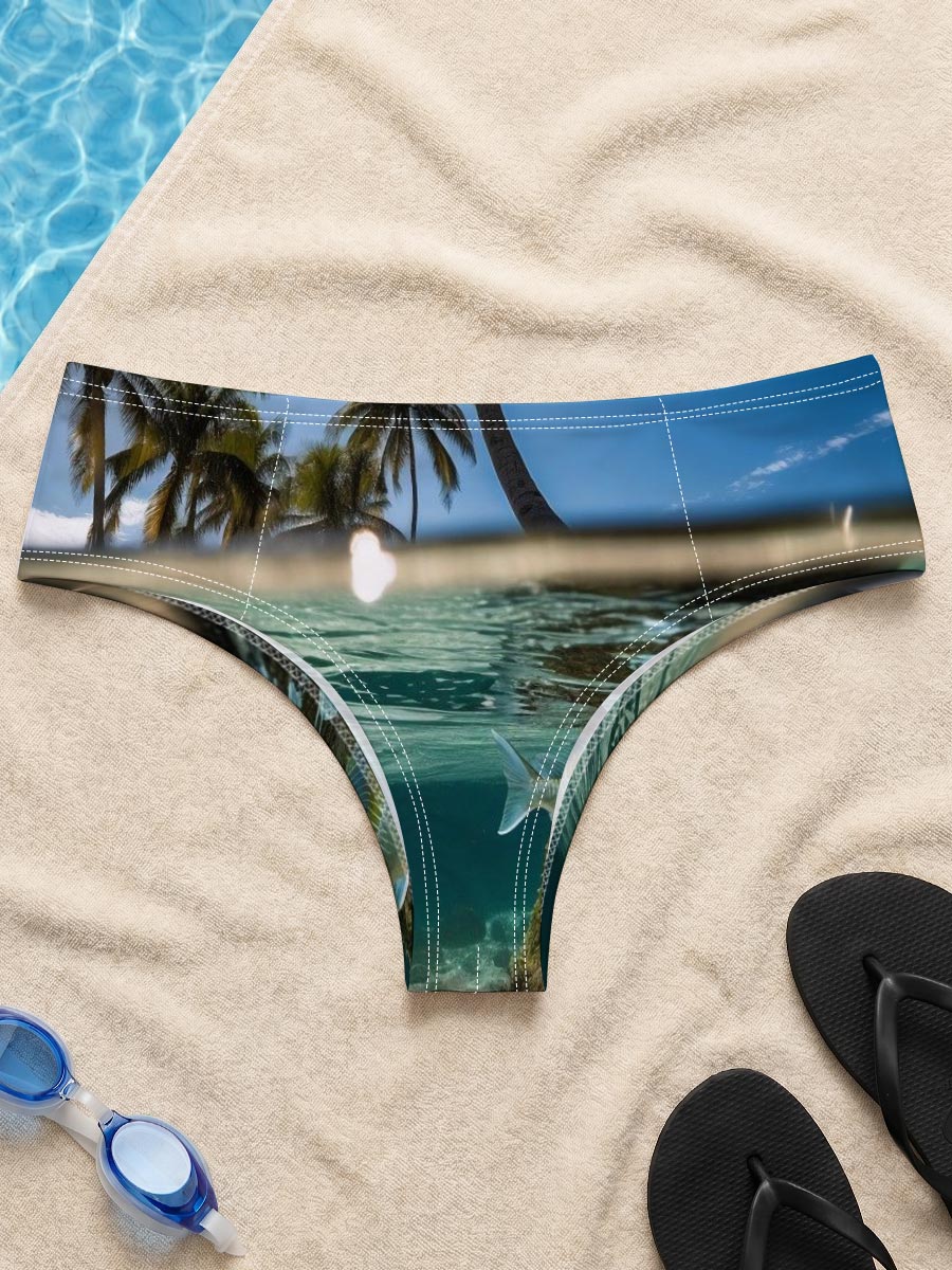 Tropical paradise with palm trees and a fish swimming underwater -  Men's swim trunks