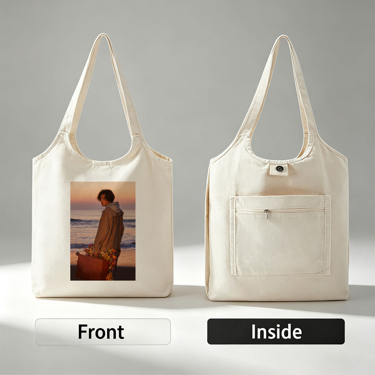 Takuya Kimura on Beach at Sunset Holding Flower-Adorned Suitcase - Canvas shoulder bags/