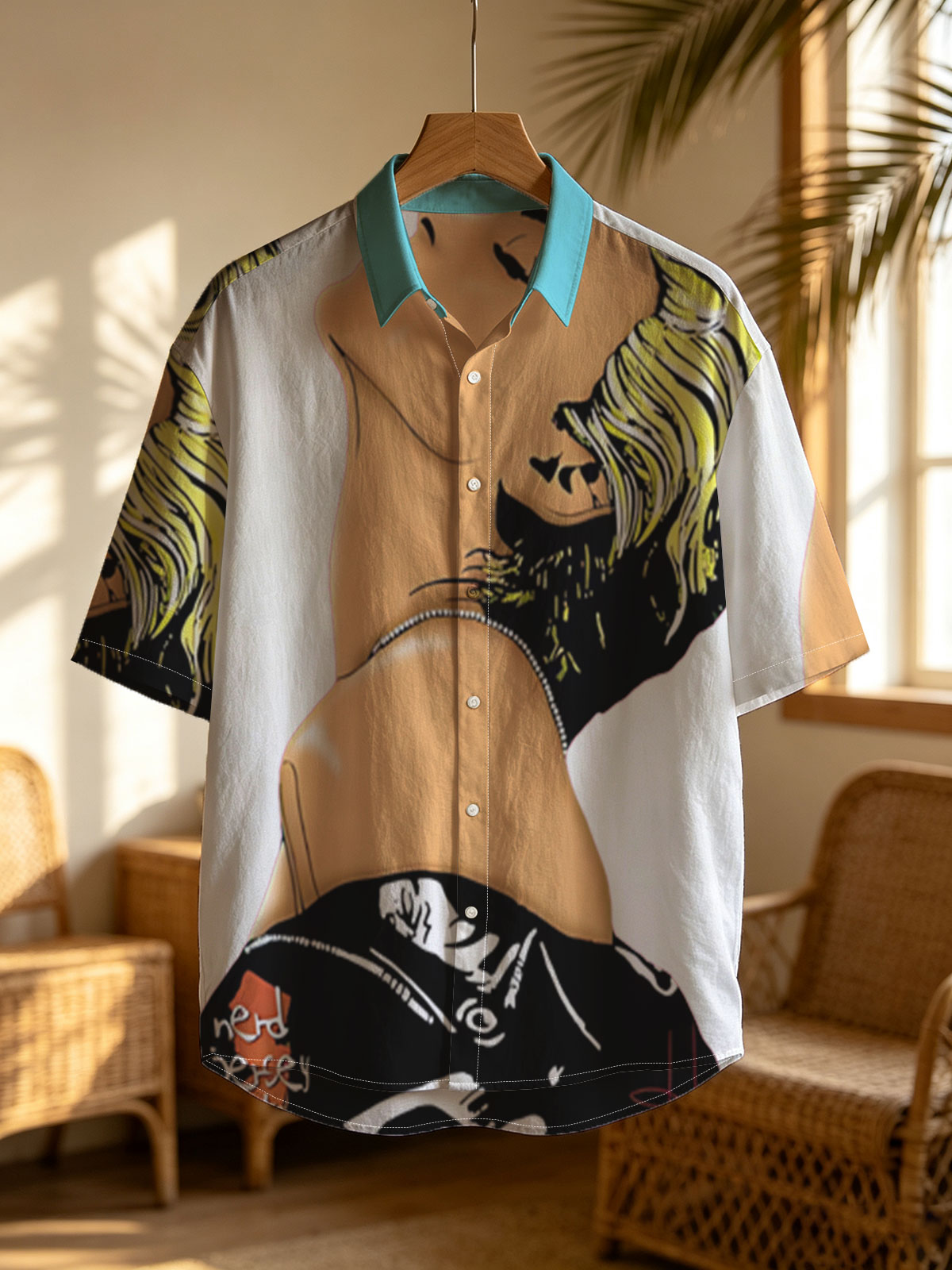 Miley Cyrus in a stylized portrait with bold yellow hair and a black top, artwork by Nerd Jersey Arts. -  Shirt