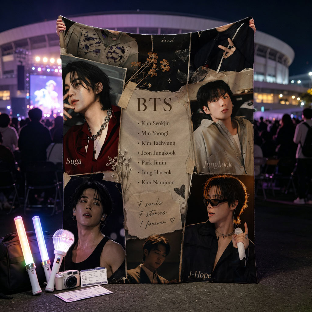 BTS Members in Various Stylish Poses and Expressions Collage - Blankets