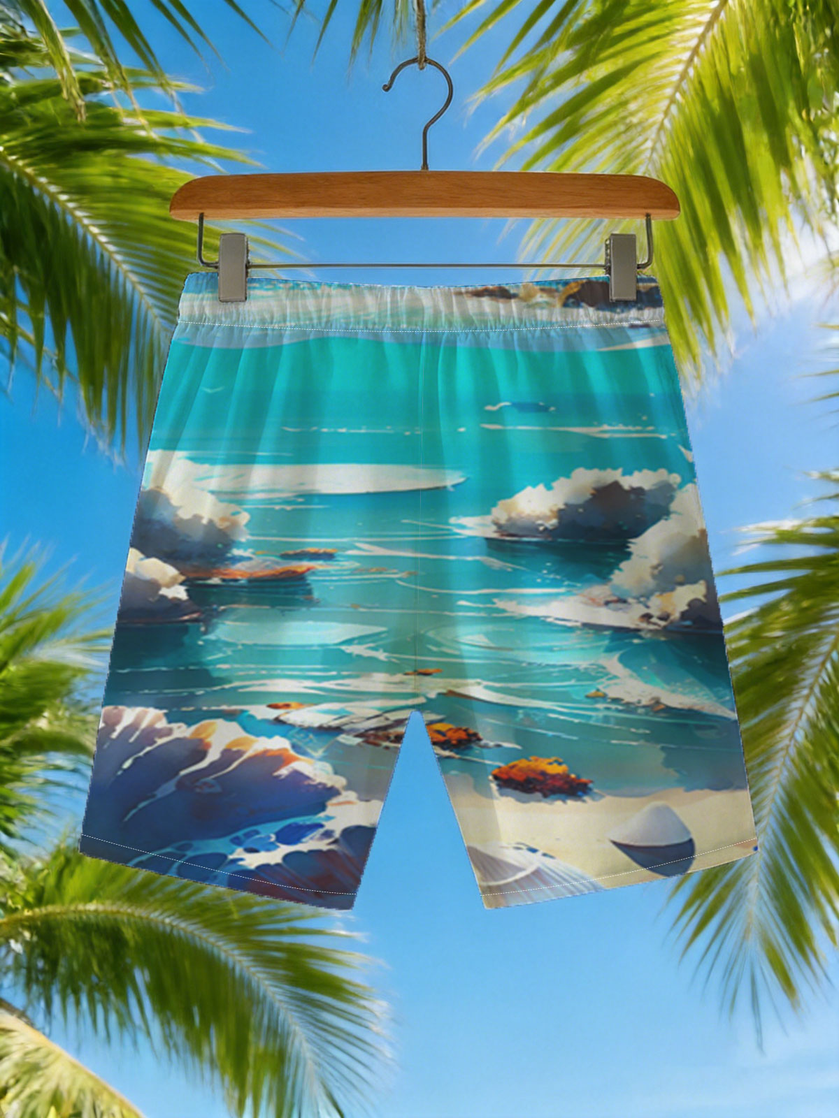 Crystal Clear Ocean with Shells and Sailboat -  Beach shorts