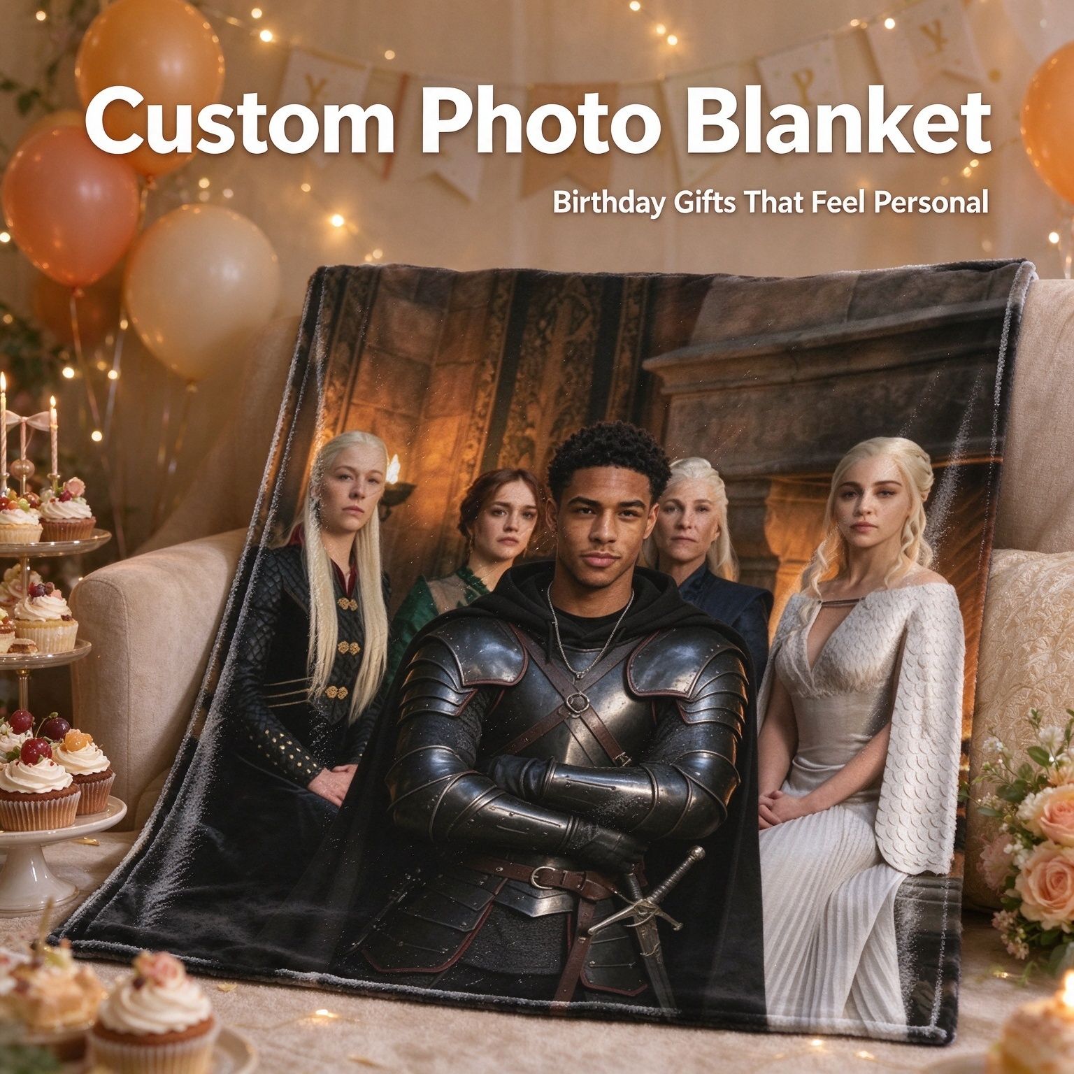 Personalized Face Blanket Custom Medieval Fantasy Photo Flannel Throw Skin Friendly Warm Plush Cover Ideal Customized