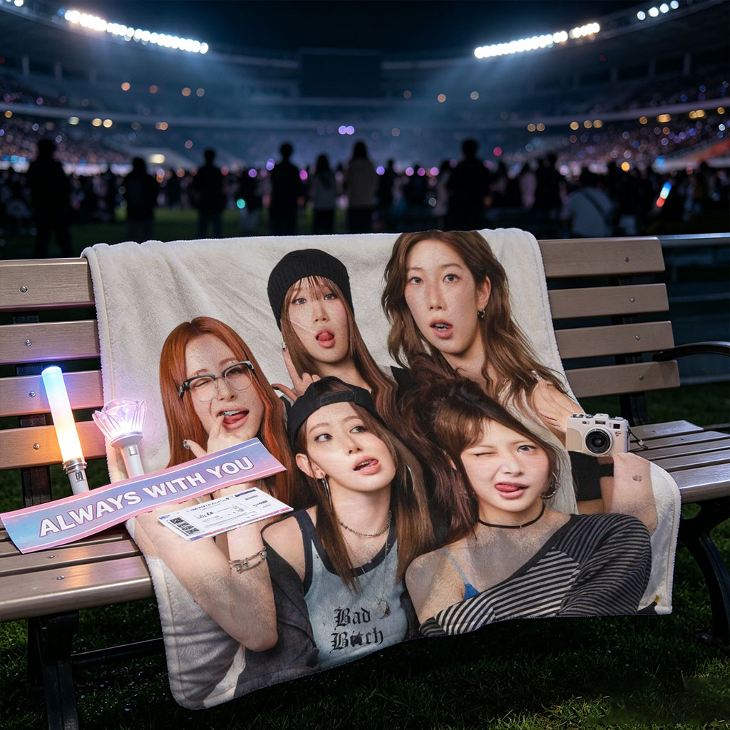 NewJeans Group Photo - Five Members Posing Together in Casual Outfits Against a Neutral Background - Blankets