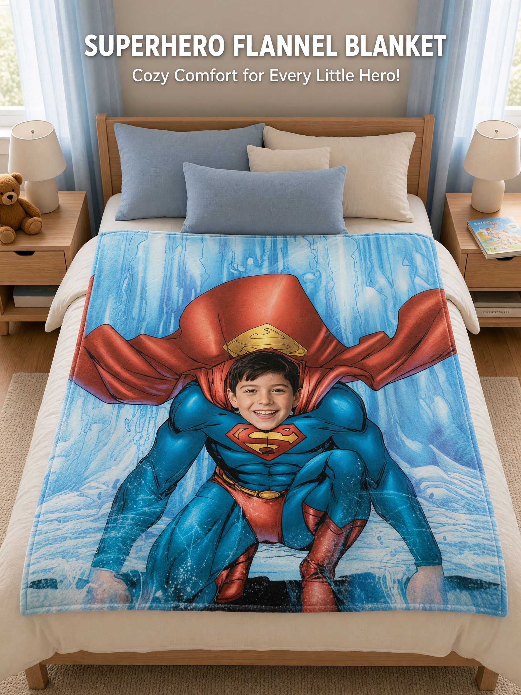 Custom Superhero Face Photo Blanket Ultra Soft Anti-Pilling Flannel Throw for Kids Adults Cozy Personalized Keepsake Gift