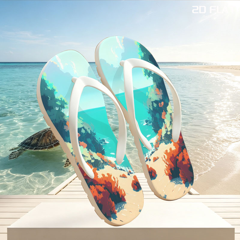 Colorful coastal landscape with vibrant flora and a distant ship on turquoise waters. -  flip-flops