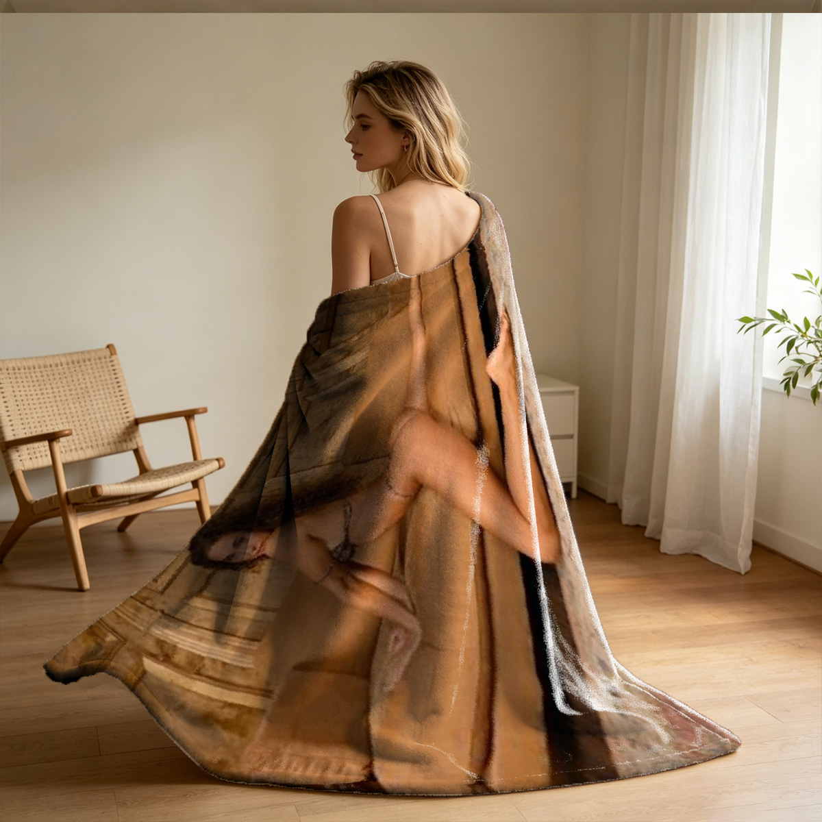 Emma Watson in a blue satin dress sitting on a leather couch. - Blanket
