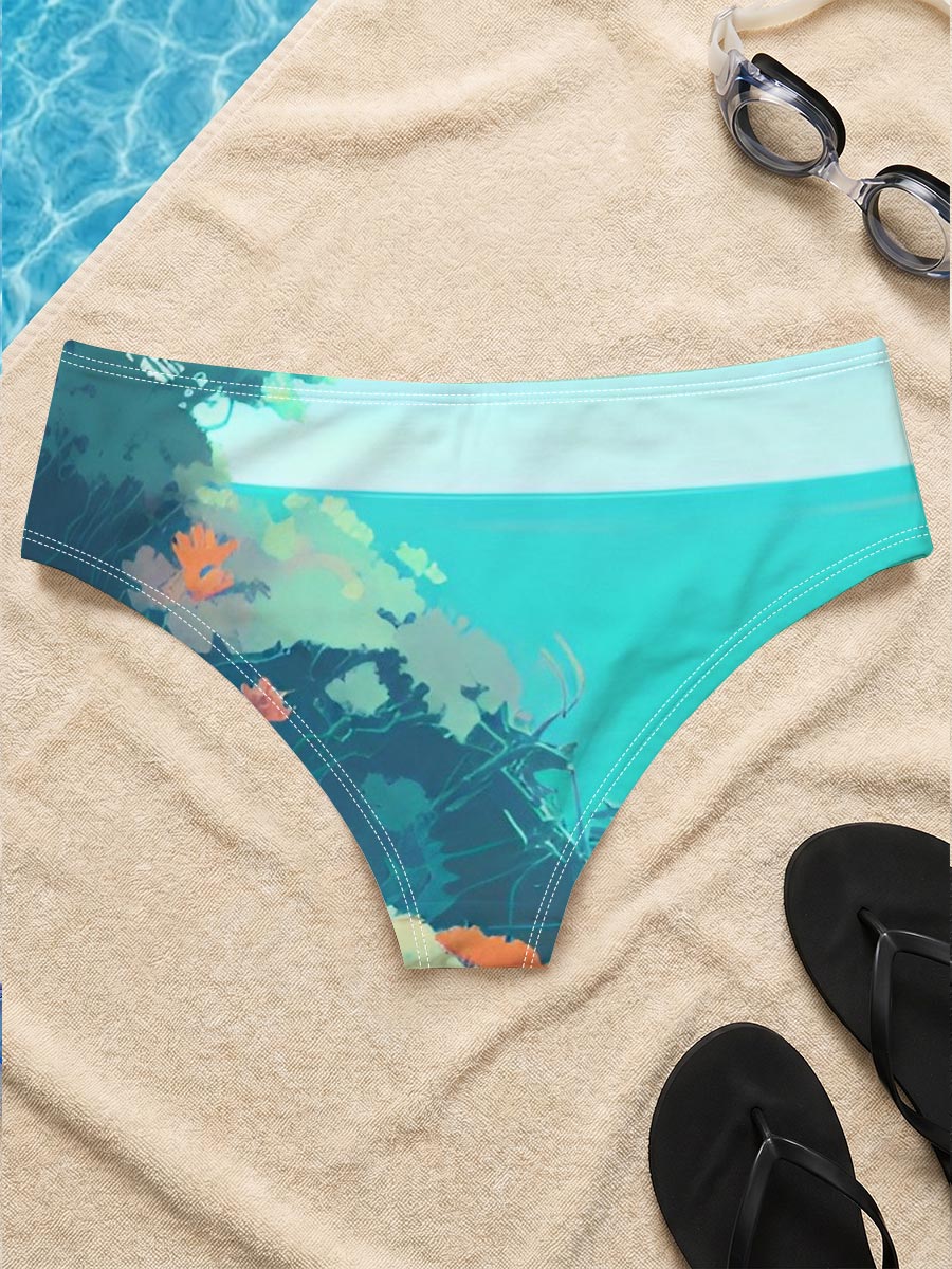 Colorful coastal landscape with vibrant flora and a distant ship on turquoise waters. -  Men's swim trunks