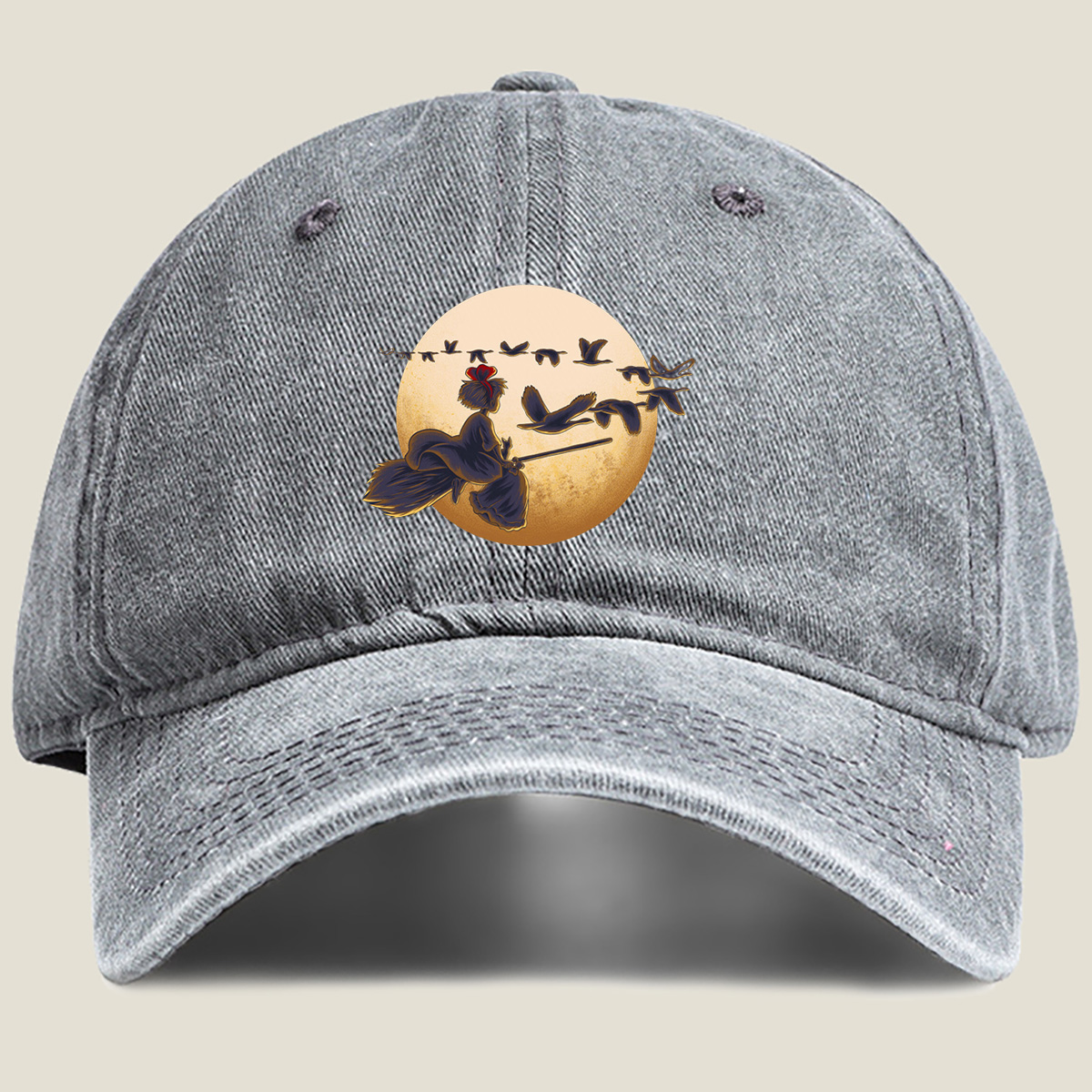 Mulan Flying on a Broomstick with Geese Against the Moon - Washed Denim - Baseball Cap