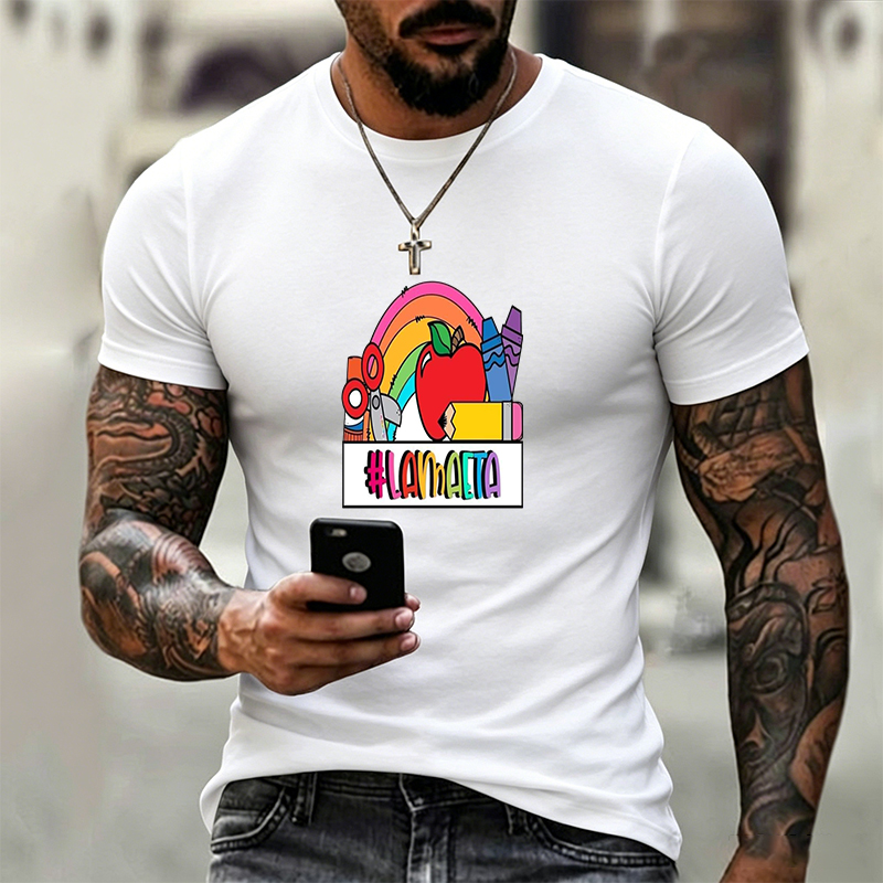 Unisex Classic T-Shirt with Rainbow Apple & School Supplies Print #LAMMAETA - Perfect for Back to School, Teachers, Students, and Education Lovers - Comfortable Cotton Tee for Adults and Teens