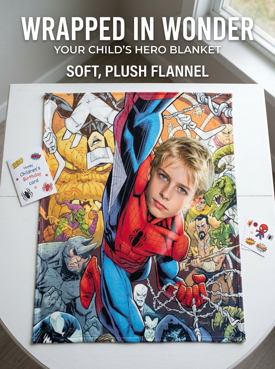 Custom Face Superhero Comic Flannel Blanket Personalized Photo Throw for Kids Ultra Soft Anti-Pilling Cozy Warm Gift