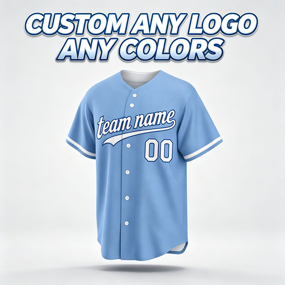 Custom Printed Kansas City Script Style Baseball Jersey Powder Blue White Trim Button Down Shirt for Men and Women