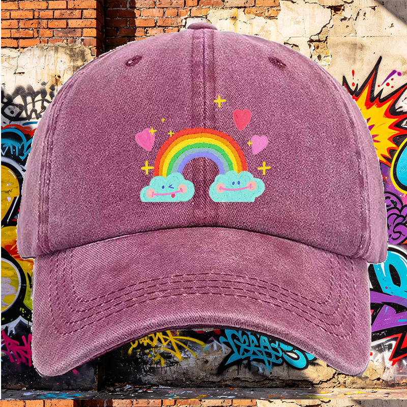 Men's Printed Washed Cap with Rainbow Clouds and Hearts Design - Casual Round Brim Summer Lightweight Hat for Outdoor Activities, Travel, and Daily Wear - Ideal for Young Adults and Trendy Urban Style Lovers