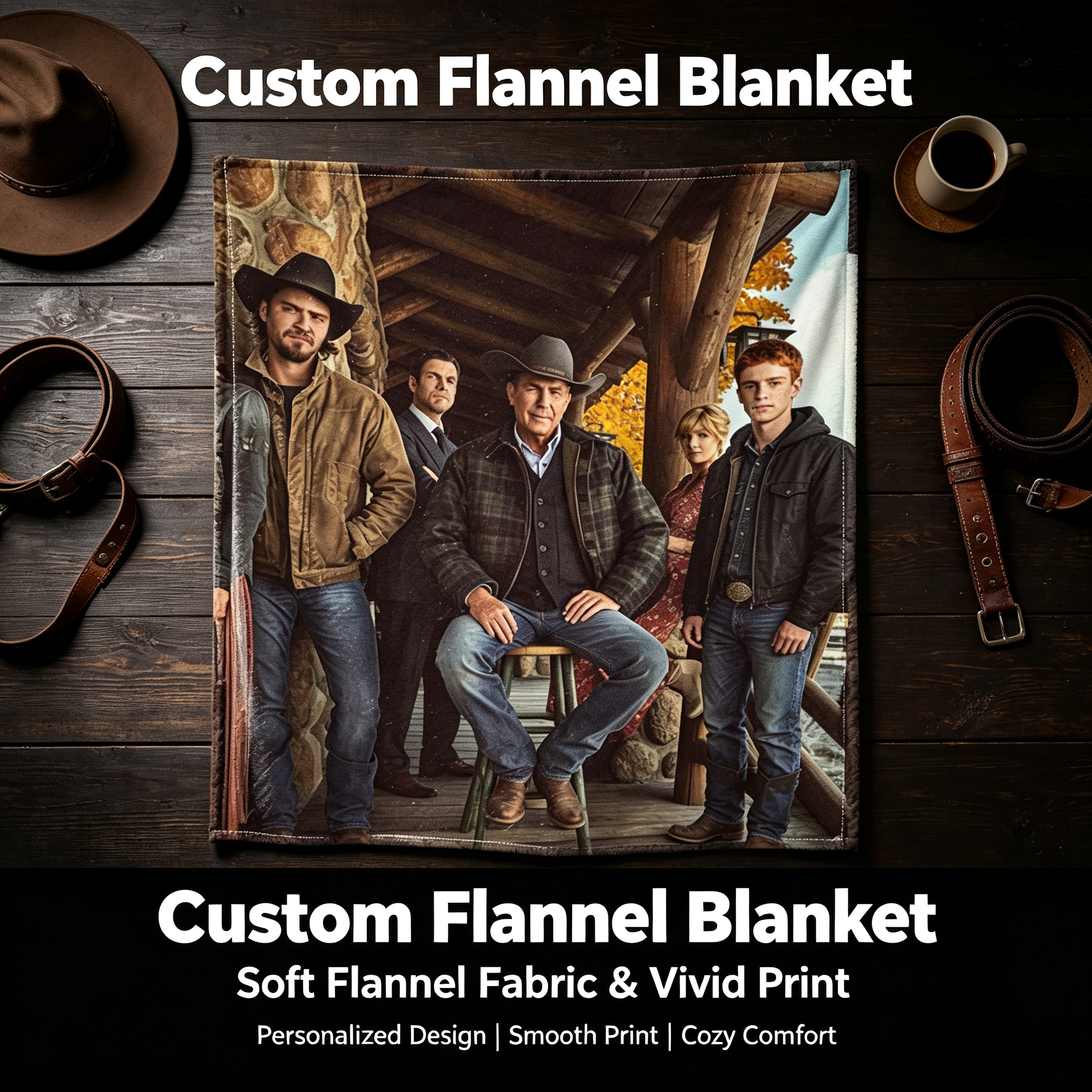 Custom Face Blanket Western Ranch Family Portrait Flannel Blanket Cozy Cabin Decor Gift for Cowgirl and Cowboy Fans