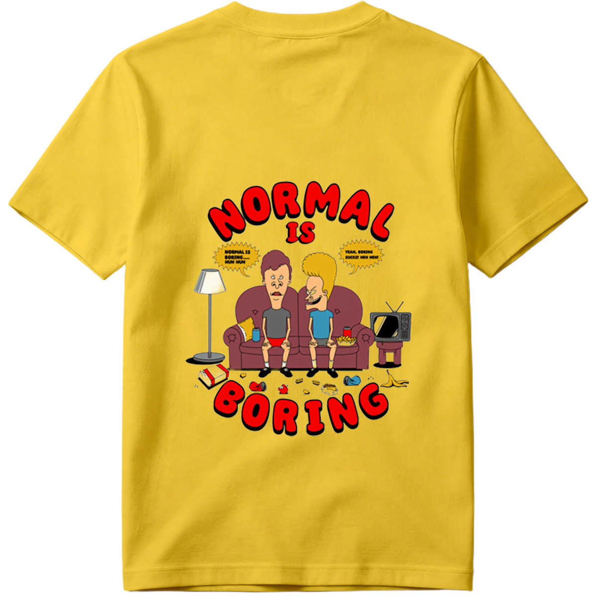 Normal Is Boring: Two Cartoon Characters on Couch with Chaos Around - Tee